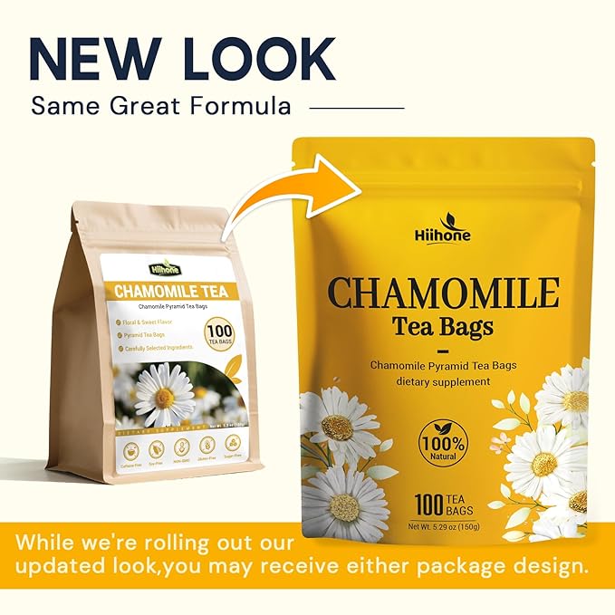 Chamomile Tea Bags 100 Count, Chamomile Flower Herbal Tea with Sugar-Free, Caffeine-Free