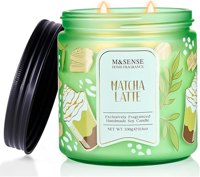 M&SENSE Matcha Latte Scented Candle, 11.6oz Natural Soy Wax, 70 Hours Long Lasting Clean Burn, Green Tea Creamy Aroma for Stress Relief, Non-Toxic Relaxing Aromatherapy Gifts for Women
