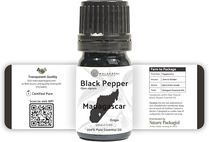 Black Pepper Essential Oil - Direct from Madagascar Farms - Steam Distilled - Aceite Pimienta Negra for Aromatherapy, Massage, Diffuser, DIY Candle and Soap Making - 8oz