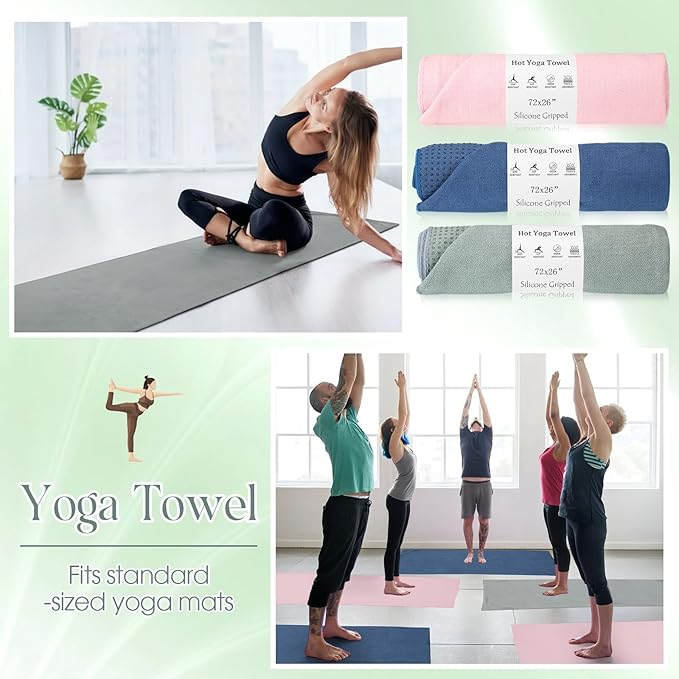 Hahafelt 3 Pack Non Slip Hot Yoga Mat Towel with Grip Dot and Secure Fit Elastic Straps 72" x 26" Microfiber Yoga Towel Absorbent Sweat for Pilates Fitness(Morandi Pink Blue Green)