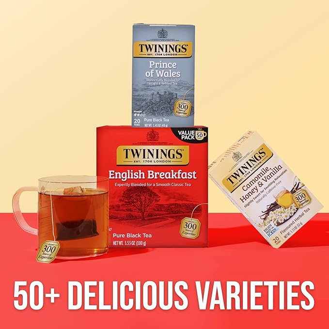 Twinings Prince of Wales Black Tea Individually Wrapped Bags, 20 Count (Pack of 1), Velvety Smooth & Mild, Caffeinated, Enjoy Hot or Iced, 20 Teabags