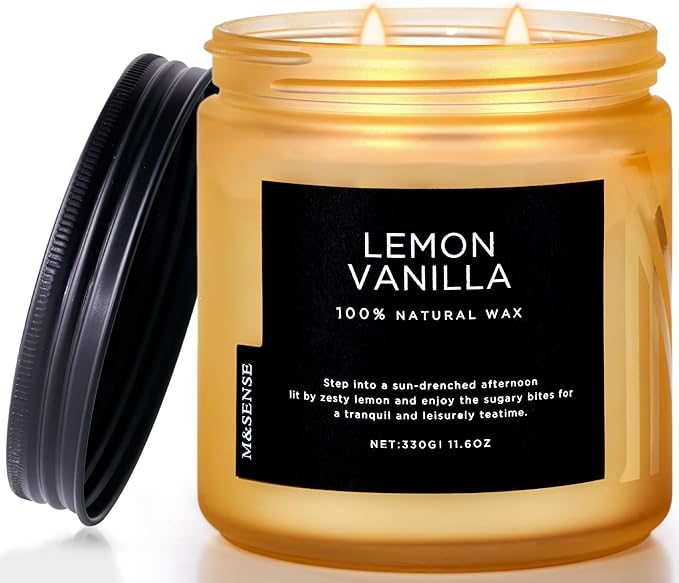M&SENSE Candles Lemon Vanilla Scented, 11.6oz 70 Hour Long Lasting Candles for Home, 2 Wick Natural Soy Wax in Glass Jar, Stress Relief Gifts for Women and Men
