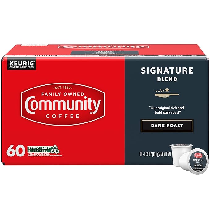 Community Coffee Signature Blend 60 Count Coffee Pods, Dark Roast, Compatible with Keurig 2.0 K-Cup Brewers, Box of 60 Pods