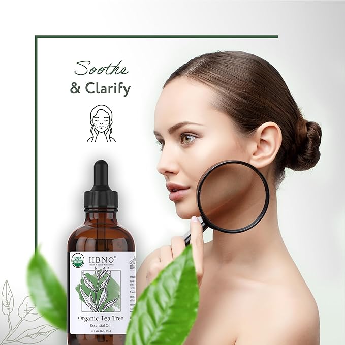 HBNO California Bottled Organic Tea Tree Oil for Skin & Hair - 4 fl oz (120ml) - USDA Certified Organic Tea Tree Oil for Aromatherapy