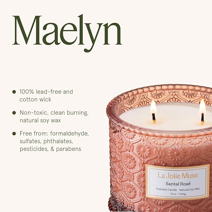 LA JOLIE MUSE Santal Rosé Candle - Saffron, Rose, Patchouli | 12 oz Large 2-Wick Soy Wax Candle | 60 Hours Clean Burn | Gift-Ready for Hosts & Gatherings | Elegant Home Décor