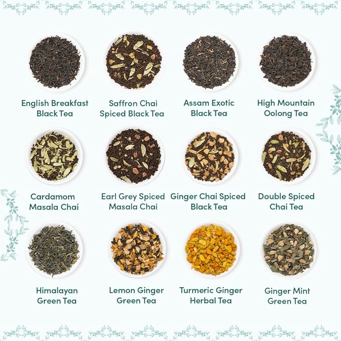 VAHDAM, Bloom - Assorted Tea Gift Set (12 Loose Leaf Tea) Tin Caddy Presentation Box | Gluten Free, Non GMO | Tea Gift Set for Women & Men