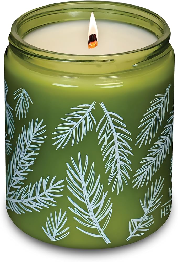 Hemlock Park Green Glass Wood Wick Candle Handcrafted with Natural Coconut Wax (Standard 8 oz, Foxtail Fir)