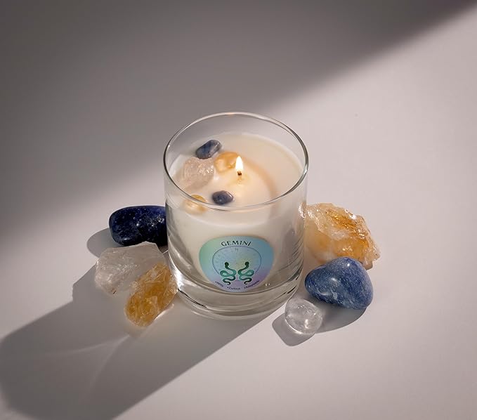 Luxury Glass Jar Candle, Gemini Zodiac Sign, 8.8 oz - Crystal Infused - Scents of Ozone, Jasmine, Moss & Wood - Made in USA, Hand Poured, Coconut-Soy Wax, Essential Oils, Dr. Developed