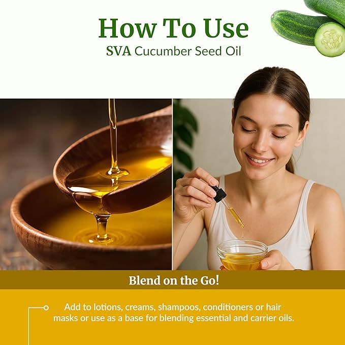 SVA Cucumber Seed Oil - 4 Fl Oz – 100% Natural Cold Pressed Cucumber Oil - for Face, Skin Care, Hair Care, Scalp Massage & Body Massage – Carrier Oil with Dropper