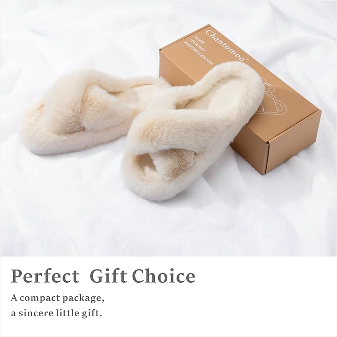 Chantomoo Women's Blue Memory Foam Faux Fur Lined Open Toe Slippers for Women - US 12