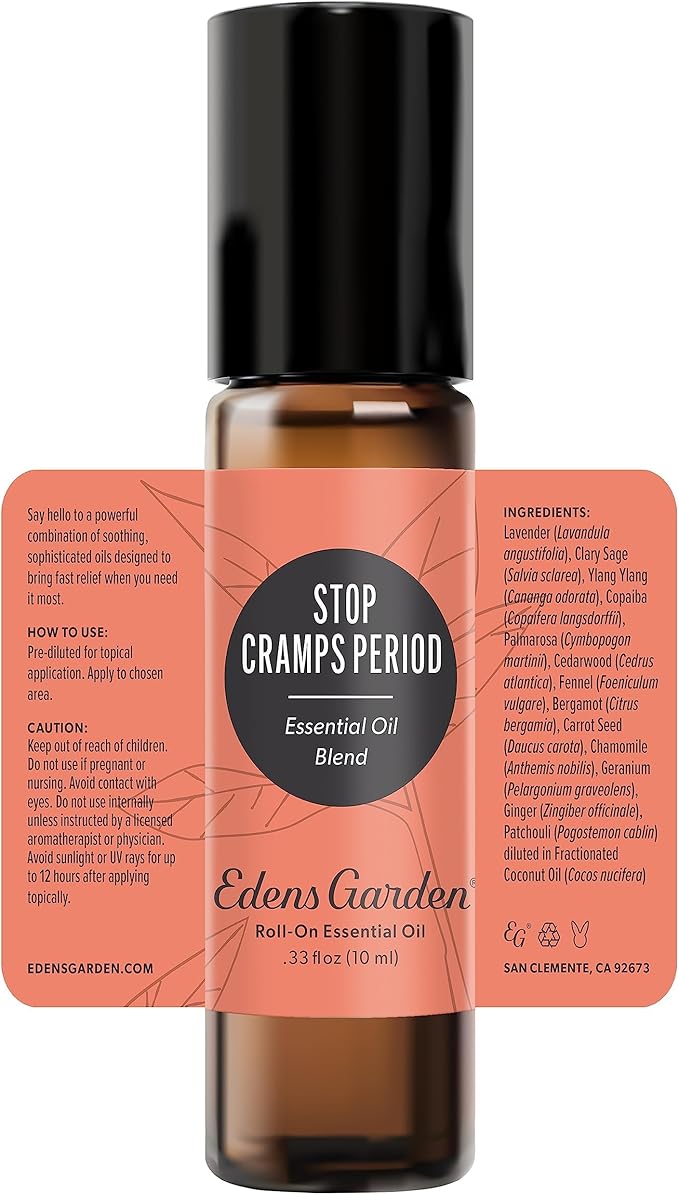Edens Garden Stop Cramps Period Essential Oil Roll-On Blend- 100% Pure Premium Grade, Natural, Therapeutic, Aromatherapy, Kid & Skin Safe, The Best for Body, Comfort Pre-Diluted 10 ml (.33 fl oz)