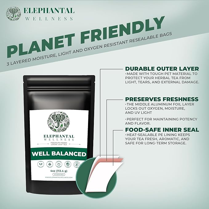 Elephantal Wellness Premium Well Balanced Herbal Tea | Healthy Cortisol, Adaptogenic Stress Energy Support with Ashwagandha, Goji, Reishi, Holy Basil & Lion’s Mane, Caffeine-Free, Non-GMO, 4 oz