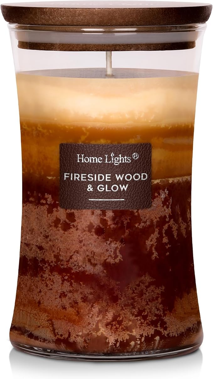 HomeLights 3-Layer Candles for Home Scented, 21.52 OZ Natural Soy Wax Scented Candles Burns Up to 100 Hours, Large Jar, Fireside Wood & Glow