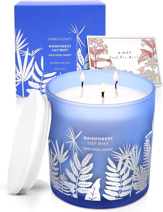 Rainforest Lily Mist 3-Wick Soy Scented Candle, 14.5 oz | Fresh Rain & Marine Scent with Jasmine, Apple, Lily & Cedar | Aromatherapy Candle for Home, Long-Lasting Clean Burn