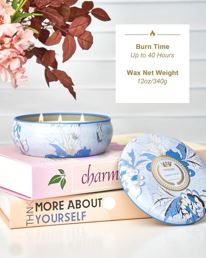 M&SENSE Clean Cotton Scented Candles, Large 3 Wick Soy Tin Candle, Over 40 Hour Burning Time, 100% Natural Vegan Wax, Relaxing Aromatherapy Aesthetic Candle Gift for Women and Men
