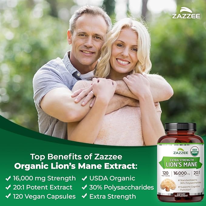 Zazzee USDA Organic Lion's Mane 20:1 Extract, 30% Polysaccharides, 16,000 mg Strength, 120 Vegan Capsules, Nootropic for Brain Health, Focus, Memory, Concentration and Immune Support, Made in The USA