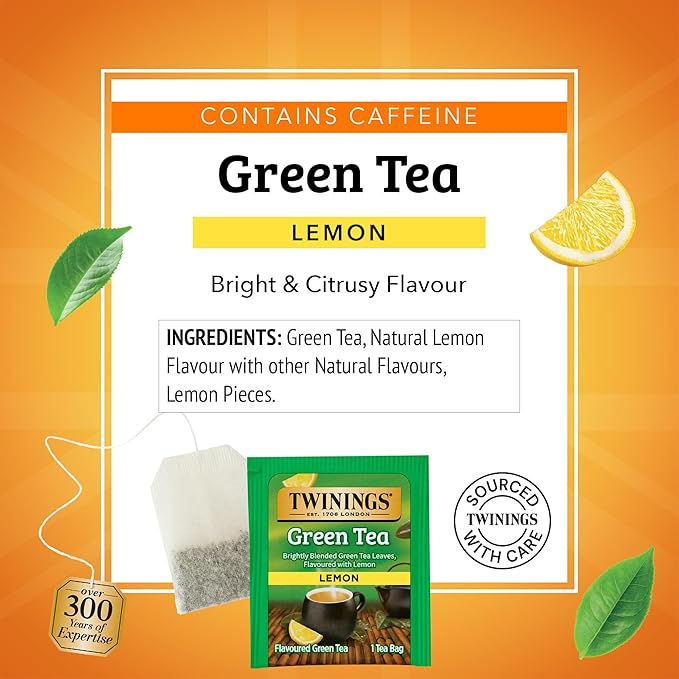 Twinings Green Tea with Lemon Individually Wrapped Bags, 20 Count (Pack of 1), Zesty Citrus Aroma & Flavour, Caffeinated, Enjoy Hot or Iced, 20 Teabags