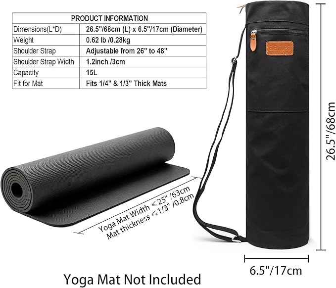 ELENTURE Canvas Yoga Mat Bag with Adjustable Strap & Pockets, Full-Zip Travel Gym Tote for Women & Men, Fits 1/4" & 1/3" Thick Mats, Lightweight Carrier for Yoga, Workout, Outdoor Use