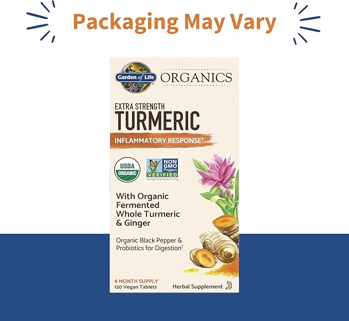 Garden of Life Organics Extra Strength Turmeric Inflammatory Response 120 Tablets-100Mg Curcumin (95% Curcuminoids) Black Pepper, Probiotics, Organic Non-GMO Vegan Gluten Free Herbal Supplement