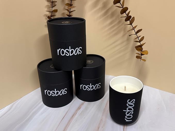 Rosbas Candle, Green Tea & Lemongrass Scented, Natural Soy Wax, Black Ceramic Jar, 8 oz, Cotton Wick, Gift Box, Long Burn Time, Home, Non-Toxic,Handmade in USA