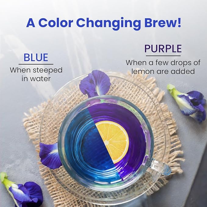BLUE TEA - Butterfly Pea Flower Tea - Ashwagandha - 10 Count - Pyramid Plant Based Tea Bag | ANTIOXIDANT RICH | Caffeine Free - Flower Based - Herbal Tea - Non Bitter | Zipper Pack