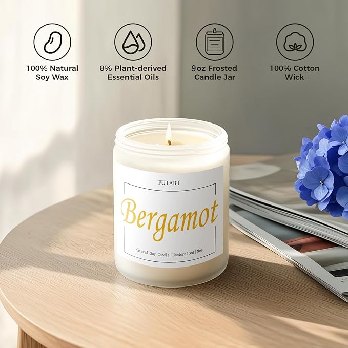 Bergamot & Green Tea Scented Candles for Home, Natural Soy Wax Aromatherapy Non Toxic Candle Gift for Women Men, Home Fragrance Decoration Glass Jar Candle for Meditation and Relaxation (9oz