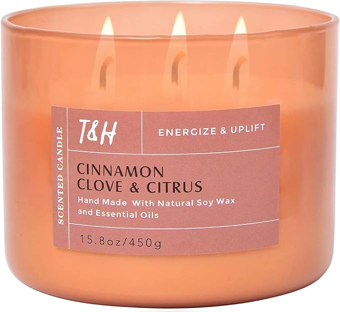 Cinnamon Clove & Citrus 3-Wick Soy Scented Candle, 15.8 oz Large Jar, Spiced Orange Clove Aromatherapy Candle, Winter Home Fragrance, Long Lasting, Clean Burning