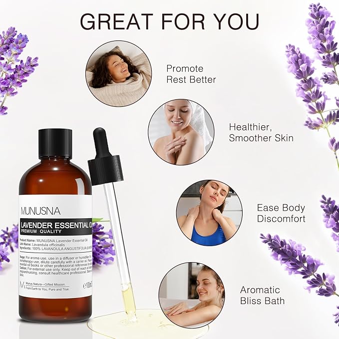 Lavender Essential Oil, Pure & Natural Lavender Oil 100ML, Premium Grade Essential Oils for Hair, Body, Skin, Aromatherapy Diffuser, Meditation, Massage, Home, Candle, Soap, Bath Bombs Making
