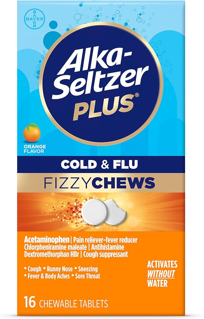 Alka-Seltzer Plus Cold & Flu FizzyChews, No Water Needed, On The Go Cold Medicine for Adults, Orange Flavor, 16 Count
