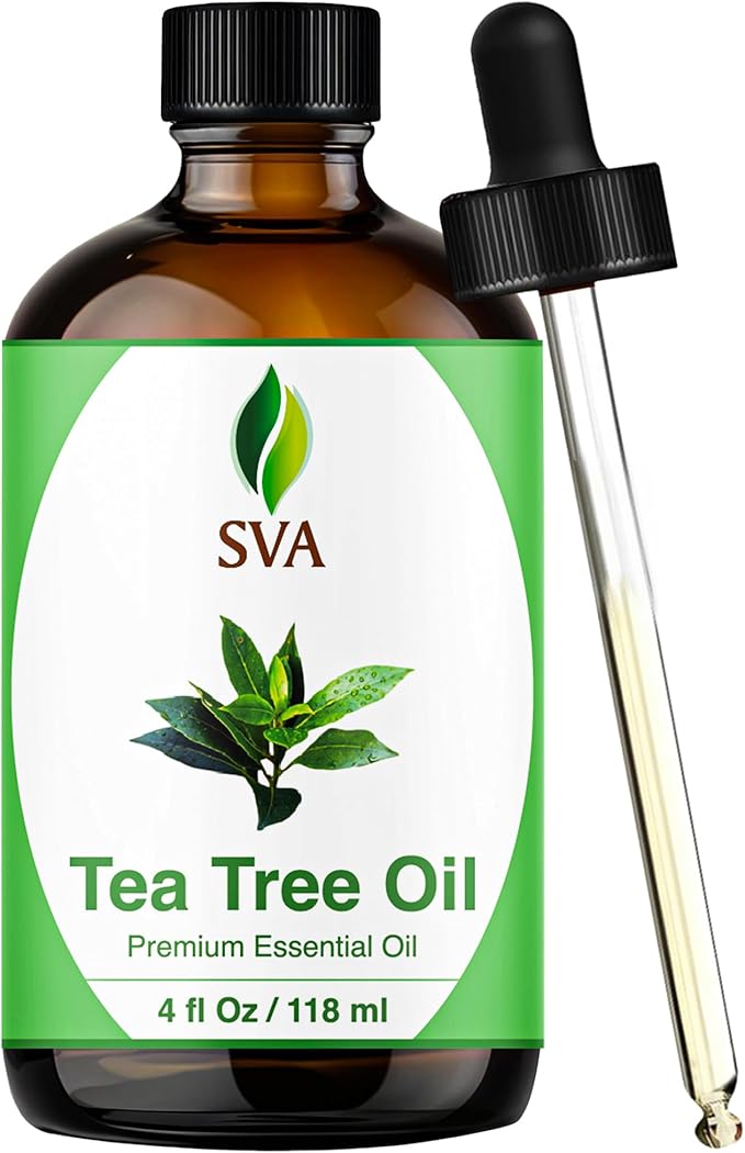 SVA Tea Tree Essential Oil – 4 Fl Oz – 100% Natural Tea Tree Oil - for Diffuser, Hair Care, Face, Skin Care, Aromatherapy, Scalp and Body Massage, Soap and Candle Making – with Dropper