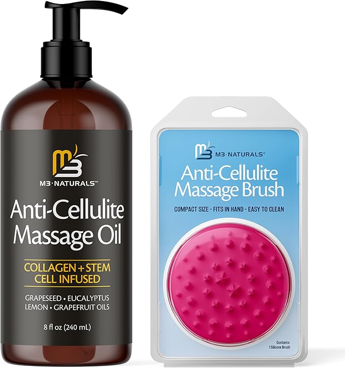 Anti Cellulite Massage Oil and Silicone Body Brush – Collagen and Stem Cell Skin Tightening Formula for Smoothing and Firming, 8 fl oz by M3 Naturals