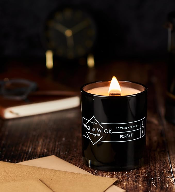 Wax and Wick 12oz Scented Candle for Men, 100% Soy Wax, Double Wood Wick, Black Jar, Forest Scent, Long Lasting, Masculine Scents, Perfect for Home, Mancave, Bachelor Pad, Men's Gift - Made in USA