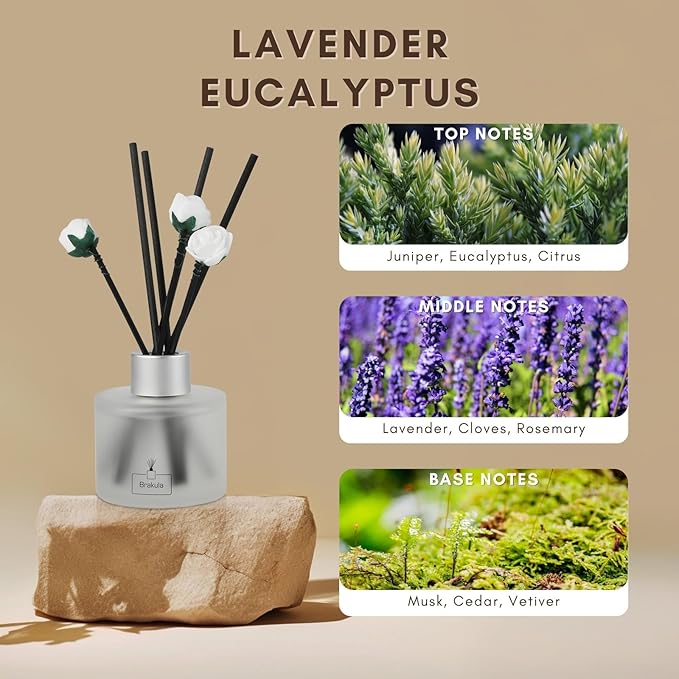 Brakula 2 Pack Reed Diffuser Set, Lavender Eucalyptus Scented, Home Fragrance with 14 Sticks Bathroom Decor, Reed diffusers for Home 6.76 fl oz (Lavender Eucalyptus)