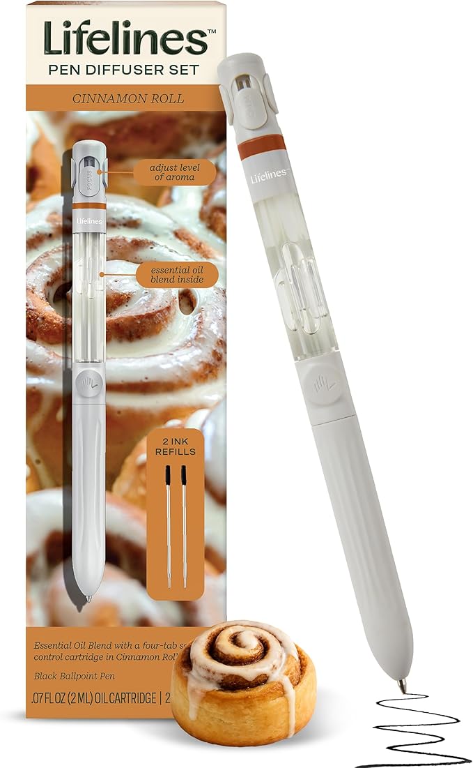 Lifelines Pen Diffuser Set, Cinnamon Roll - 1mm Black Ballpoint Pen with Scented Essential Oil Blend & 2 Ink Refills – Aromatherapy Diffuser & Sensory Immersion Diffuse Aroma As You Write