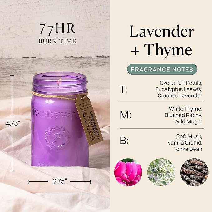 Paddywax Scented Candles Relish Collection Soy Wax Artisan Candle in Glass Jar with Lid, 9.5-Ounce, Lavender + Thyme