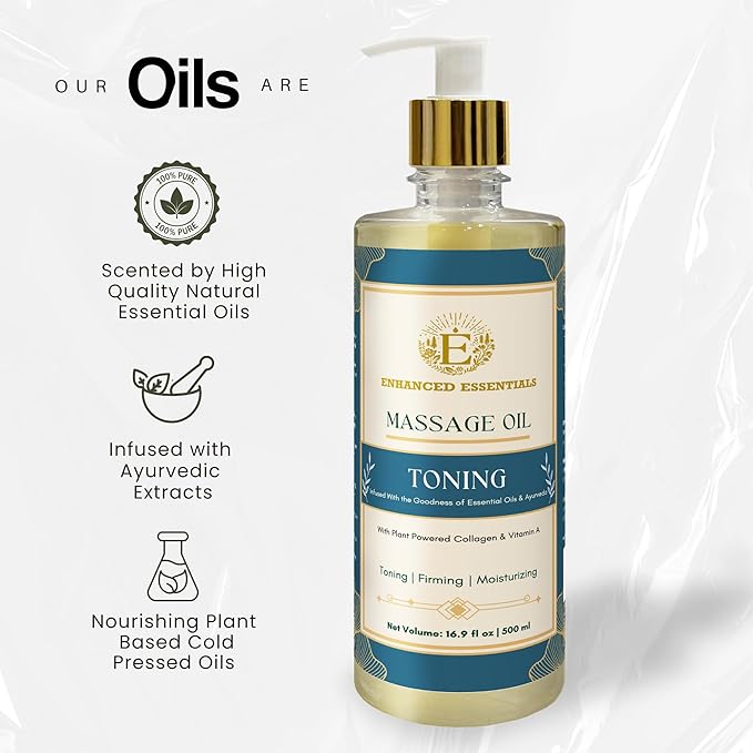 Luxurious Toning Body Massage Oil with Ayurvedic Extracts, Vitamin A & Vegan Collagen | Firms, Nourishes & Uplifts Skin | Fast-Absorbing, Non-Greasy | No Artificial Fragrance| 500ml (16.9 fl oz)