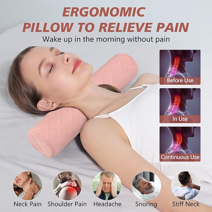 Cozyhealth 3.1" H Small Cervical Roll Pillow, Medium Soft Memory Foam Neck Round Pillow Cylinder Bolster Pillow for Sleeping, Round Neck Support for Bed, Legs, Back and Yoga (Pink, Small - 3.1" H)