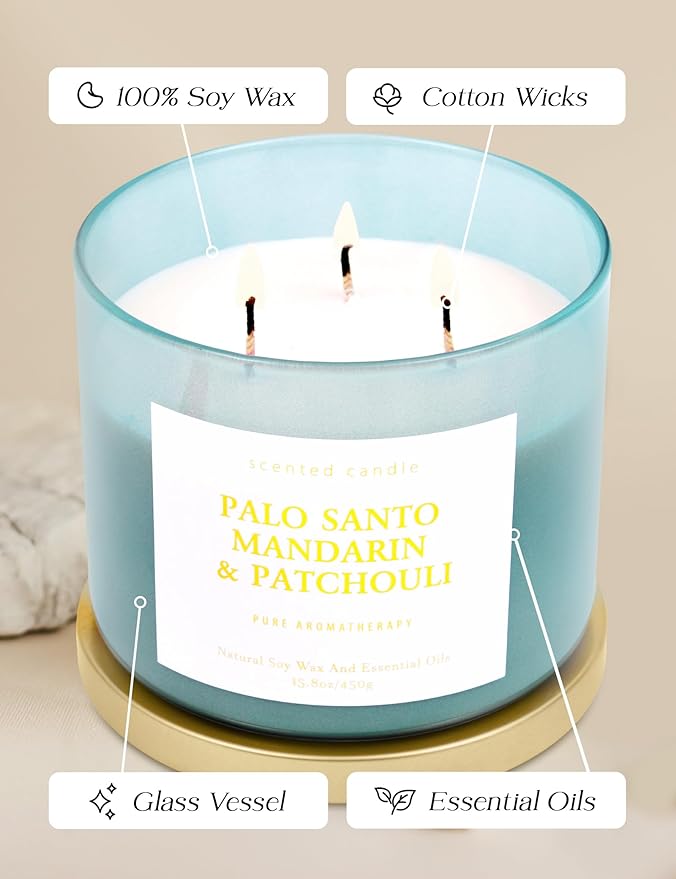 Palo Santo Mandarin Patchouli 3 Wick Candle - Large Soy Scented Candle 15.8 oz - Calming Home Aromatherapy Candle for Women & Men - Long Lasting Clean Burn - Stress Relief Candle