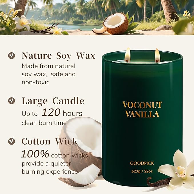 Goodpick Vanilla Coconut Candles, Scented Candle for Home, 22oz Soy Candles, Long Burning 120hrs Jar Candle Gifts
