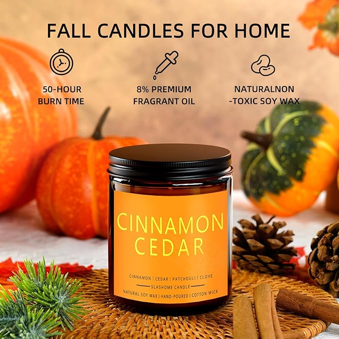 Fall Candles, Cinnamon & Cedar Scented Soy Candles, Autumn/Holiday/Halloween/Birthday/Christmas Gifts for Women & Men, 50-Hours Burning Time (7Oz)