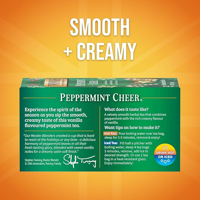 Twinings Peppermint Cheer Herbal Tea Individually Wrapped Bags, 20 Count (Pack of 2), Peppermint & Vanilla, Naturally Caffeine-Free, Enjoy Hot or Iced, 20 Teabags
