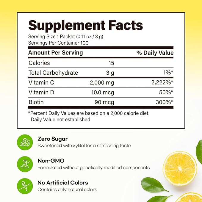 Vita Pop Korean Vitamin C Powder 2,000mg High Dose, Zero Sugar with Vitamin D & Biotin, Lemon Vitamin C Supplements Drink Packets for Immune System & Antioxidant Support, Non-GMO,100 Packets