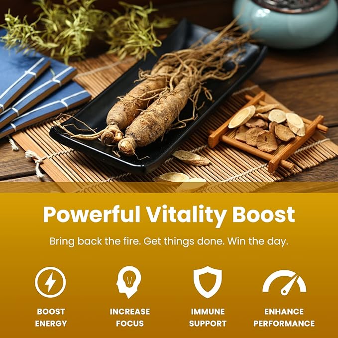NutraChamps Korean Red Panax Ginseng Capsules | Extra Strength Ginsenosides for Energy, Focus, Performance, Vitality & Immune Support | Korean Red Ginseng Root Extract (90, Premium Gold)