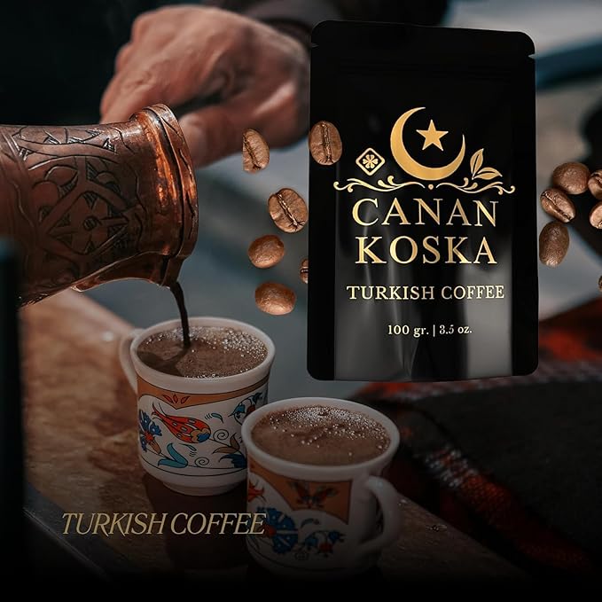 Canan Koska Turkish Coffee Medium Roast Ground Coffee 100% Arabica, Finely Ground for Rich Flavor and Smooth Texture, Ideal for Traditional Brewing in a Cezve - 3.5 Ounce (100g) - Pack Of 12