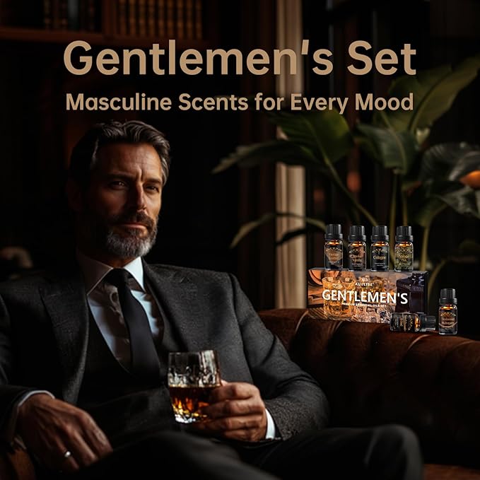 Men Essential Oils Set for Diffuser, Valentine's Day Gift for Men - 6x10ml Masculine Fragrance Oils for Candle Making, Scented Oil Gift Set, Mahogany, Sandalwood, Cologne, Smoke Vanilla, Oak, Leather