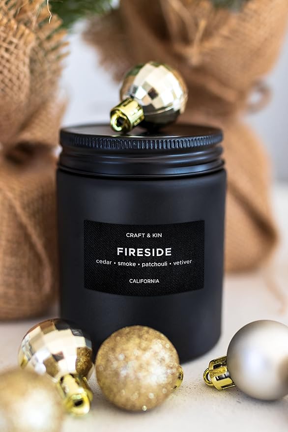 Craft & Kin Premium Smoky Fireside Candle | Christmas Scented Candles for Men | Men Candles with Wood Wicked | Long Lasting with 45 Hour Burn Time - 7.6oz