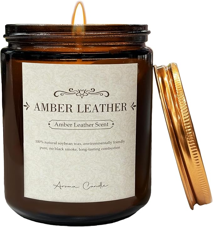 Leather Amber Candle-100% Natural Soy Wax - Natural Fragrance Technology - Non Toxic-Up to 50 Hours Burning Time - Aromatherapy Gift for Men and Women