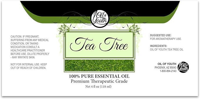 Oil of Youth Tea Tree Essential Oil – Therapeutic Grade Aromatherapy Oil for Diffuser, Body, Skin, Hair – 4 fl oz with Dropper