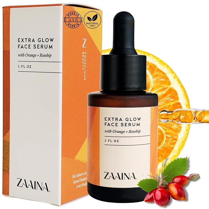 ZAAINA Extra Glow Face Serum - Natural Facial Oil for Radiant Glass Skin - Hydrating Vitamin E Ayurvedic Daily Moisturizer for Dry & Sensitive Skin - Non-Greasy & Lightweight - 1 oz