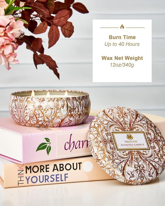 M&SENSE Basil Flower Scented Candles, Large 3 Wick Soy Tin Candle, Over 40 Hour Burning Time, 100% Natural Vegan Wax, Relaxing Aromatherapy Aesthetic Candle Gift for Women and Men